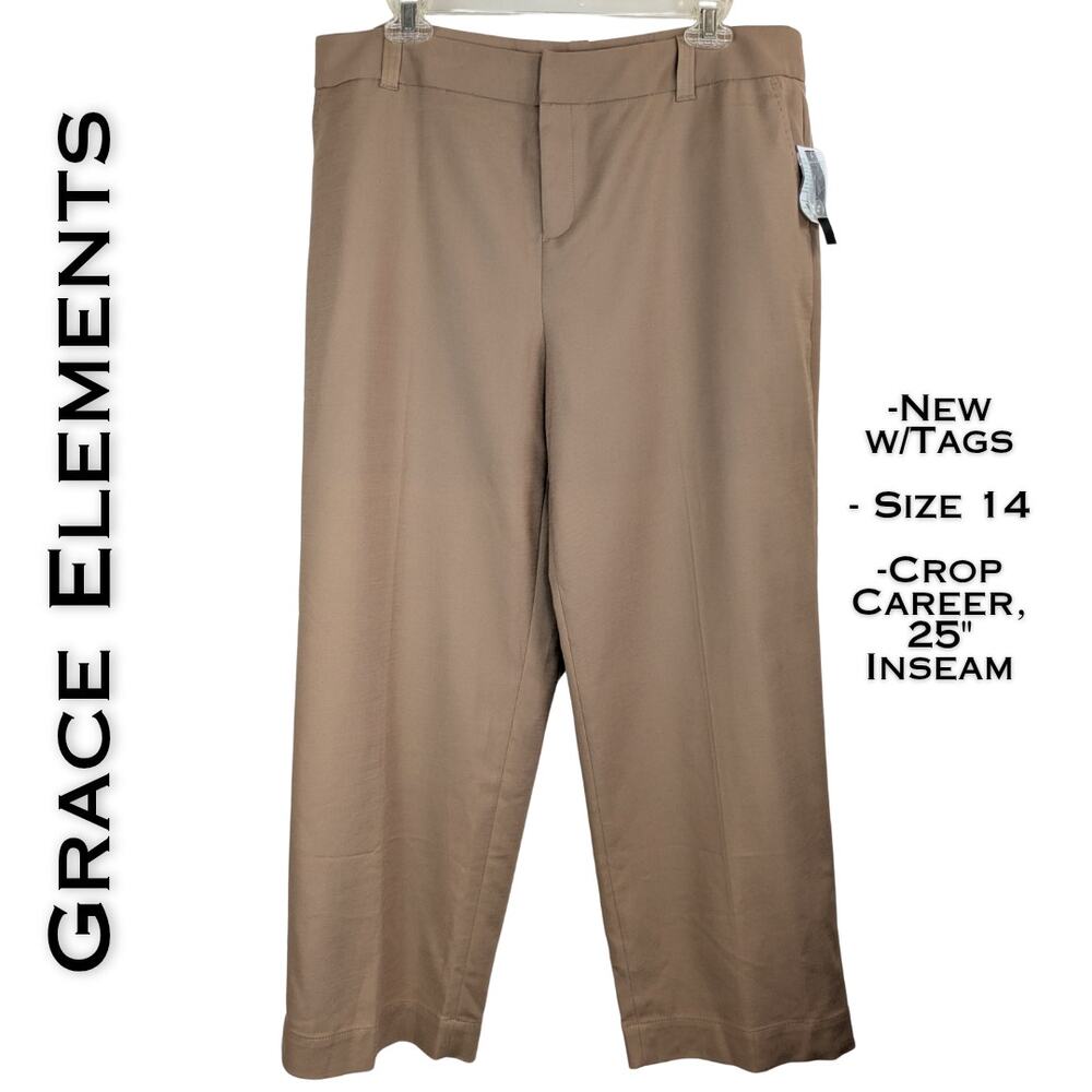 Grace Elements Dress Pants 14 Dark Tan High Rise Straight Cropped Stretch NEW